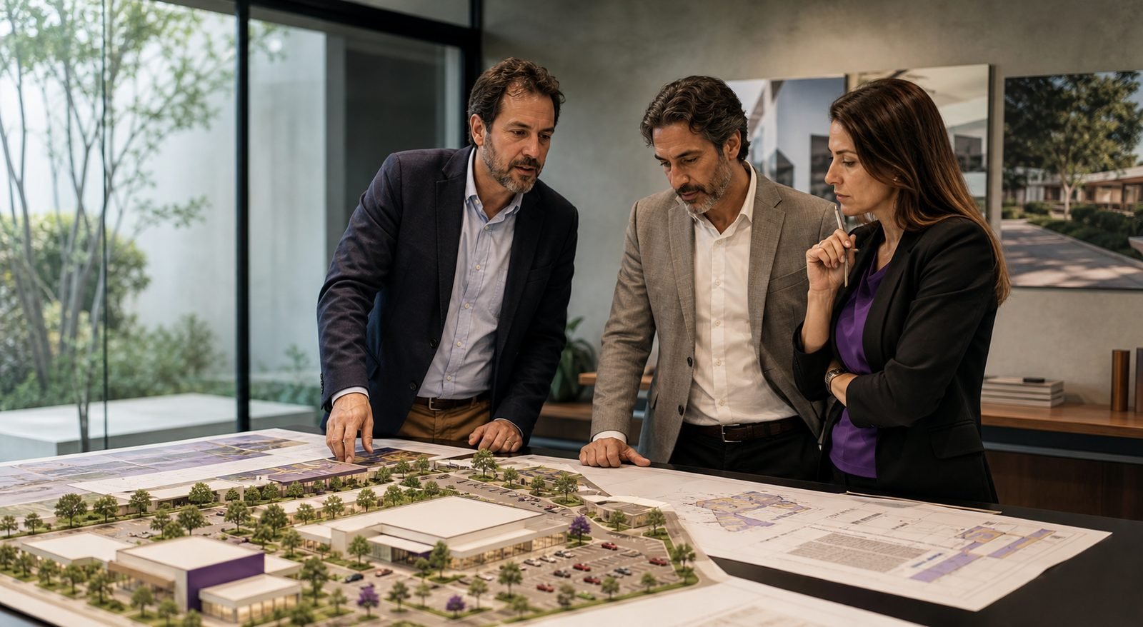 Investidores e especialista comercial avaliando a maquete de um open mall