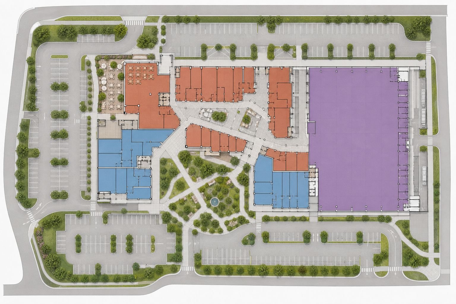 Planta baixa de um open mall com áreas comerciais, serviços, alimentação e paisagismo assinalados por cores
