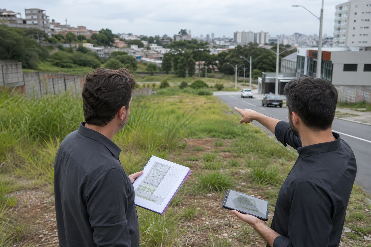 Especialistas analisando um terreno, seus acessos e o entorno